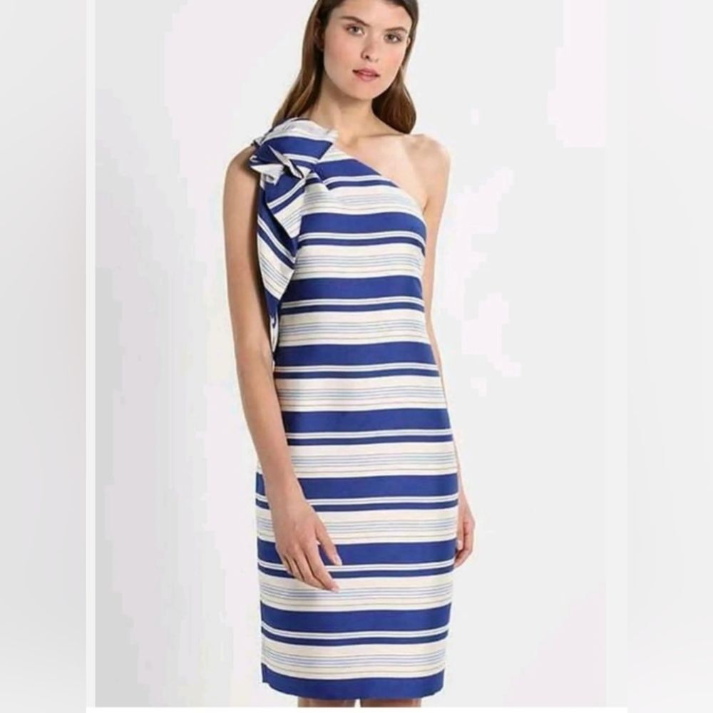 Banana Republic one shoulder cascading bow stripe blue zip midi dress size 10P